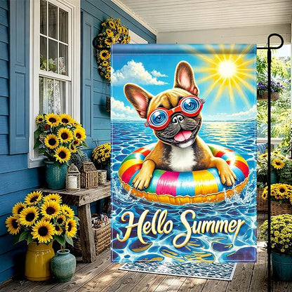 HOMETITUTE Hello Summer Garden Flag French Bulldog 12x18 Vertical Double Sided Pool Party Welcome Summer Yard Garden Flag Seasonal Holiday Outdoor Decorative Flag for Patio Lawn