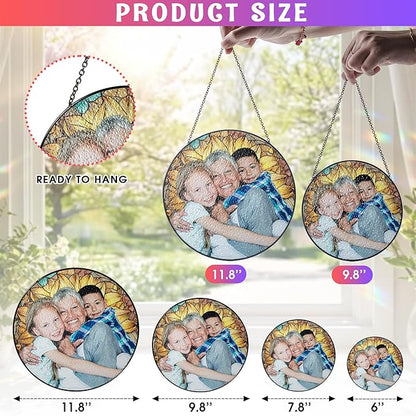 Personalized Grandma Stained Glass Suncatcher, Custom Stained Glass Window Hanging for Mom Picture, Customized Photo Gifts for Family Grandparents from Grandkids Grandchildren on Mothers Day Christmas