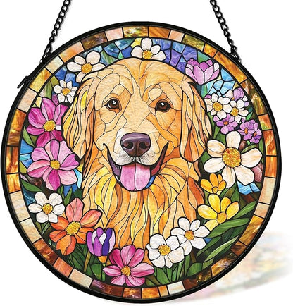 Golden Retriever Dog Suncatcher Stained Glass Window Hanging Decor Ornaments, Golden Retriever Dog Memorial Sun Catchers Wall Art Gifts, Floral Flower Garden Stained Glass Decor, 7.9x7.9In