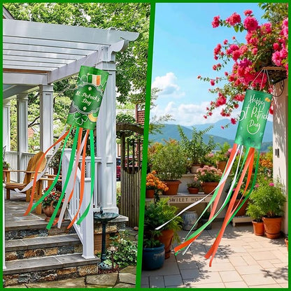 2Pack 40 Inch St. Patrick’s Day Outdoor Windsock, Green Outdoor Holiday Windsock Flags Decorations, Shamrock Irish Pattern Design for Yard Garden Home Party Hanging Decor