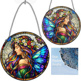 Stained Glass Window Hanging Suncatcher, 8" Round Fairy Butterfly Sun Catcher, Colorful Decorative Glass Art for Outdoor Indoor Home Garden, Gift for Mom & Wife
