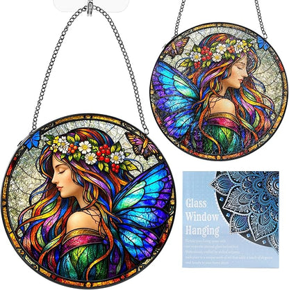 Stained Glass Window Hanging Suncatcher, 8" Round Fairy Butterfly Sun Catcher, Colorful Decorative Glass Art for Outdoor Indoor Home Garden, Gift for Mom & Wife
