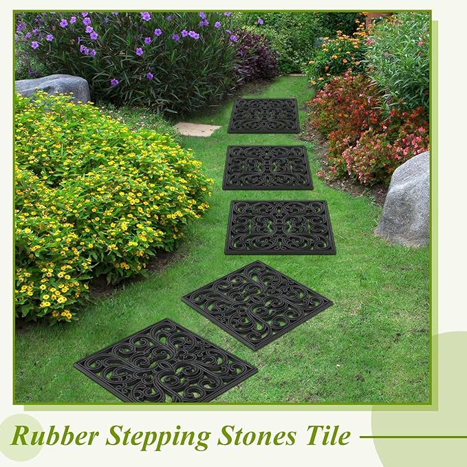 Pangda 8 Pcs Rubber Stepping Stones Outdoor Garden Walkway, 12 x 12 Inch Heavy Duty Pathway Pavers Retro Decorative Stepping Stones for Outside Landscaping Yard Lawn Path(Black,Scroll Square)