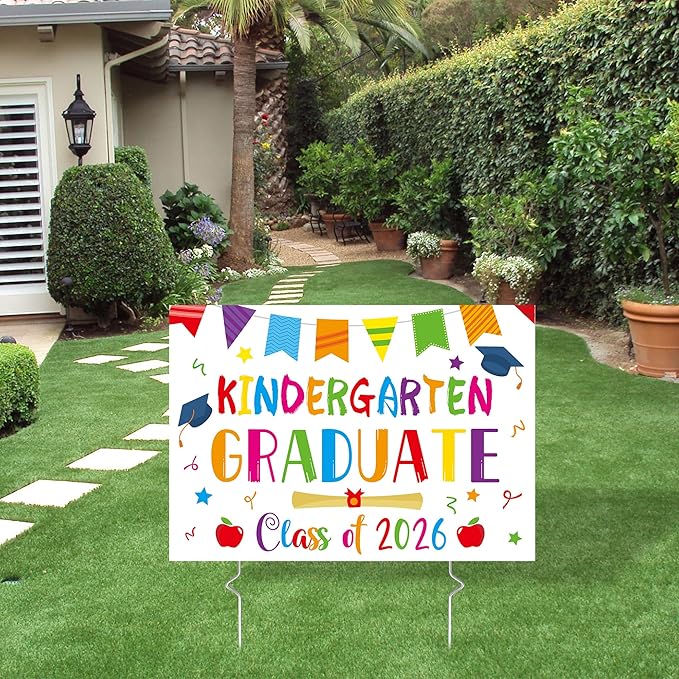 Kindergarten Grad Yard Sign - Class of 2026 Preschool Graduate Lawn Sign with Stake School Congrats Graduation Decorations Colorful Graduation Party Favors Supplies Outdoor Photo Booth Props for Kids