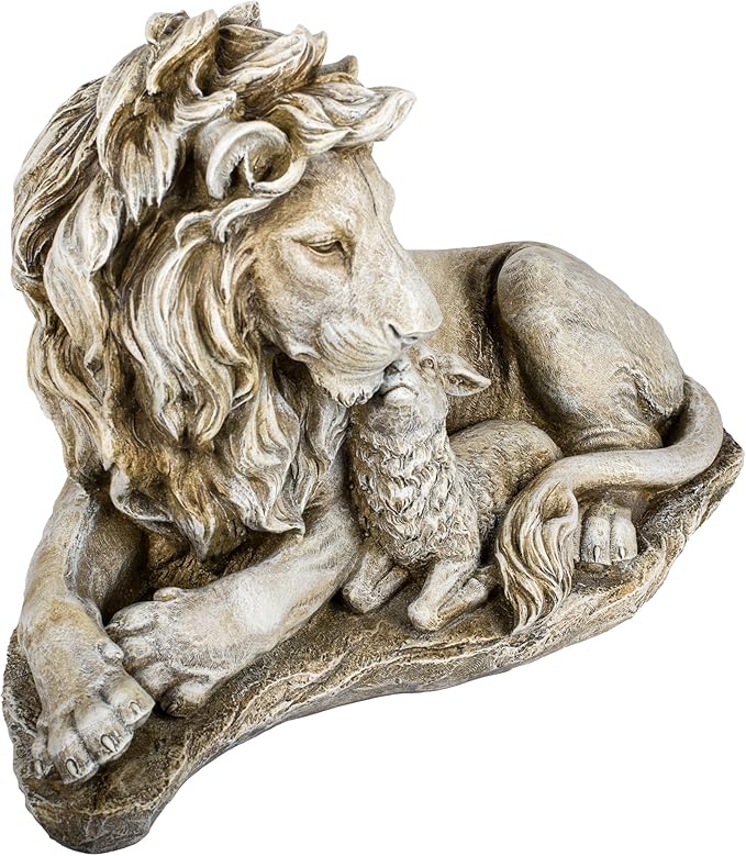 Joseph's Studio Lion and Lamb Garden Statue – 12.5" Religious Outdoor Décor – Peaceful Resin Sculpture for Yard, Patio, or Memorial Display