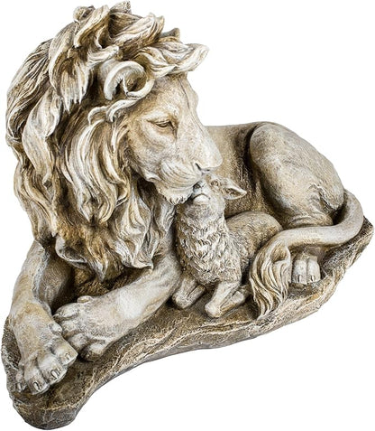 Joseph's Studio Lion and Lamb Garden Statue – 12.5" Religious Outdoor Décor – Peaceful Resin Sculpture for Yard, Patio, or Memorial Display