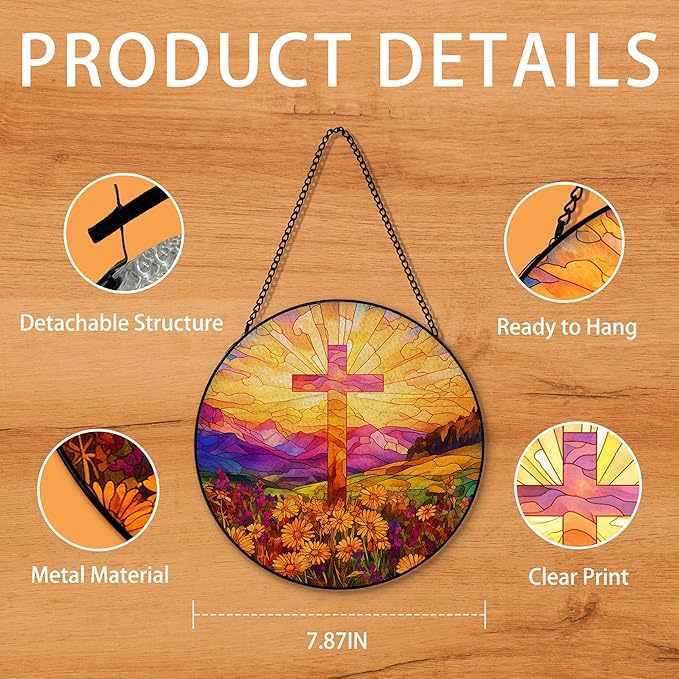 Cross Suncatcher Stained Glass Window Hanging, Wildflower Flower Cross Sun Catchers Indoor Window Glass Round Wall Decor, Religious Wall Art Hanging Decorations, 7.8＂x7.8＂