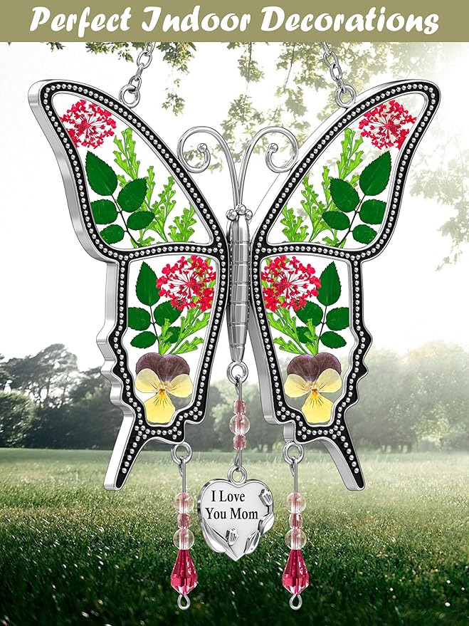 KY&BOSAM Butterfly Suncatcher I Love You Mom Stained Glass for Windows Hangings Wind Chimes with Pressed Flower and Metal Heart Charm for Mom Birthday Valentines Day Decor