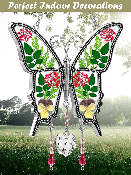 KY&BOSAM Butterfly Suncatcher I Love You Mom Stained Glass for Windows Hangings Wind Chimes with Pressed Flower and Metal Heart Charm for Mom Birthday Valentines Day Decor