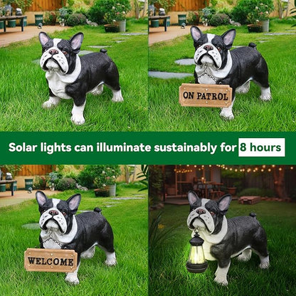 French Bulldog Statue with Solar Lantern - 14.96" Frenchie Garden Sculpture with Interchangeable Double-Sided "Welcome" & "On Patrol" Sign - Resin Dog Figurines for Outdoor Patio, Lawn, Porch Decor