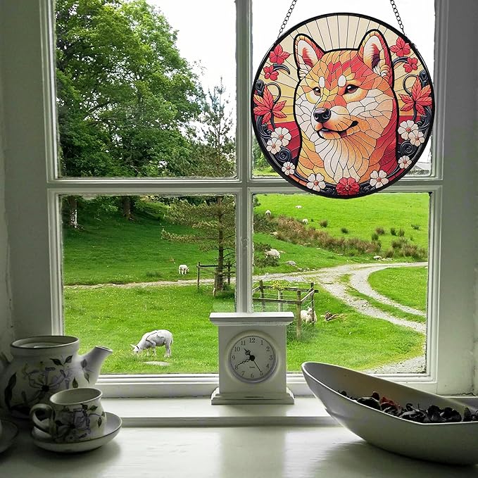 Stained Glass Dog Memorial Suncatcher,Shiba Inu Window Hanging,Sympathy Gifts for Pet Loss,7.9 inch/20 cm Home and Garden Decor for Dog Lovers