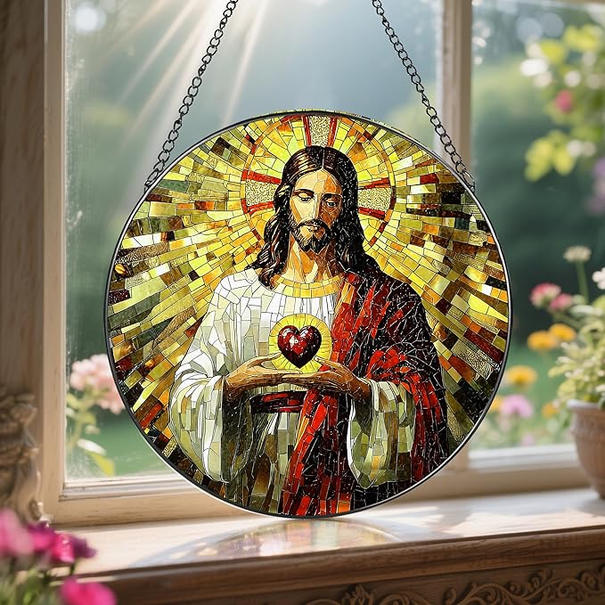 8-Inch Jesus Christian Suncatcher Ornament, Stained Glass Window Hanging & Christian Christmas Ornament, Religious Home Decor — Gift for Christians, Gifts for Christmas & Holidays, Religious Gifts