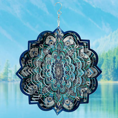 3D Mandala Wind Spinner - 12 Inch Hanging Blue Wind Spinner Stainless Steel Outdoor&Indoor Kinetic Sculpture, Metal Laser Cut Garden Decor Yard Art Decorations, Ornament Gift for Women Men