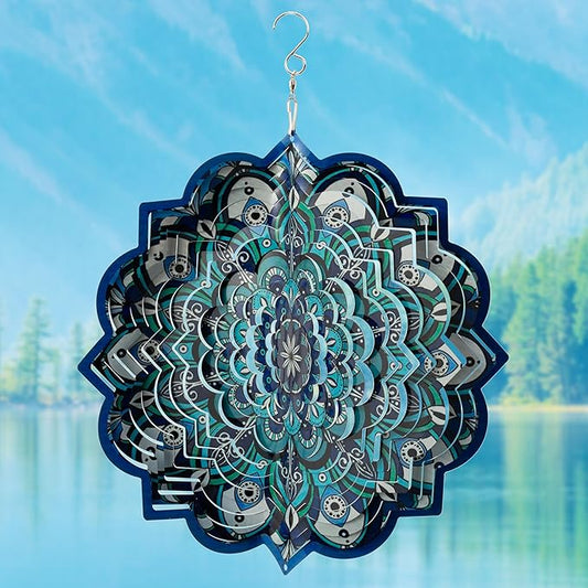 3D Mandala Wind Spinner - 12 Inch Hanging Blue Wind Spinner Stainless Steel Outdoor&Indoor Kinetic Sculpture, Metal Laser Cut Garden Decor Yard Art Decorations, Ornament Gift for Women Men