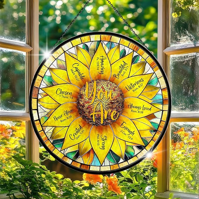 Christian Sunflower Stained Glass Window Hanging, 7.9" Inspirational Bible Verse Sun Catcher Glass Panel, Sunflower Decor Hand Painted Round Wall Art, Religious Gifts for Women, Mom, Wife
