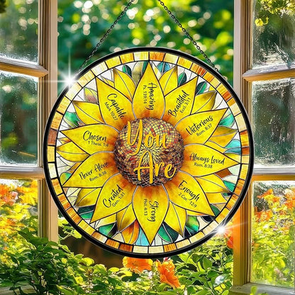 Christian Sunflower Stained Glass Window Hanging, 7.9" Inspirational Bible Verse Sun Catcher Glass Panel, Sunflower Decor Hand Painted Round Wall Art, Religious Gifts for Women, Mom, Wife