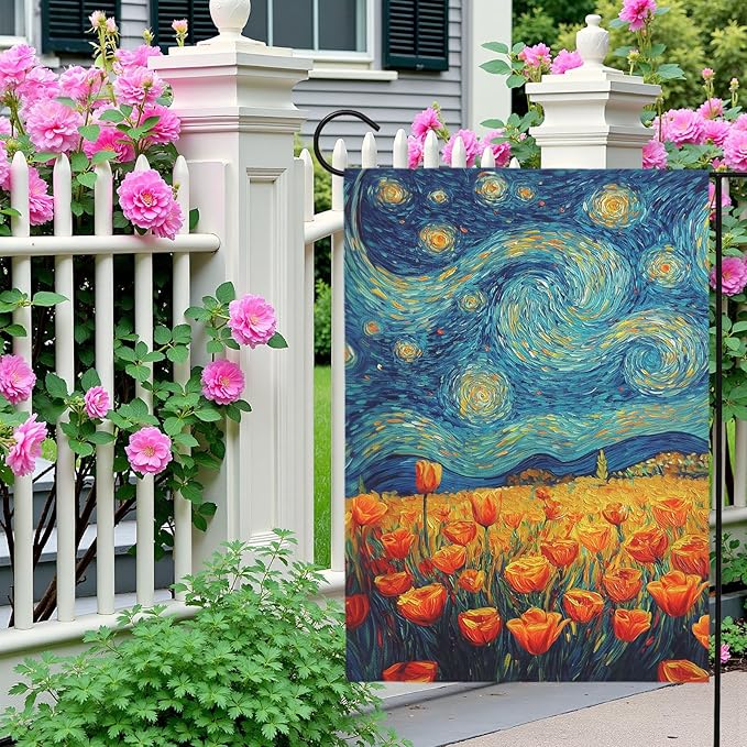 Spring Tulip Garden Flag Summer Van Gogh Starry Night Yard Flags Vibrant Orange Tulips Art Print Seasonal Welcome House Banners for Outdoor Porch Lawn Patio Landscape Decor 12×18 Inch