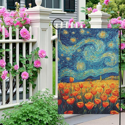 Spring Tulip Garden Flag Summer Van Gogh Starry Night Yard Flags Vibrant Orange Tulips Art Print Seasonal Welcome House Banners for Outdoor Porch Lawn Patio Landscape Decor 12×18 Inch