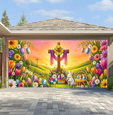 Easter Garage Door Banner 157.5x70.9in Large Spring Garage Door Cover Bunny Floral Outdoor Decorations for House Exterior Party Decor with Grommets Rope