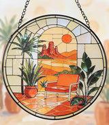 Hanging Stained Glass for Windows,20cm/7.87inch Desert Sunset Stained Glass Suncatcher with Chain Garden Diamond Glass Panel Hangings Decoration for Home Decor Gifts for Family Friends Colleagues