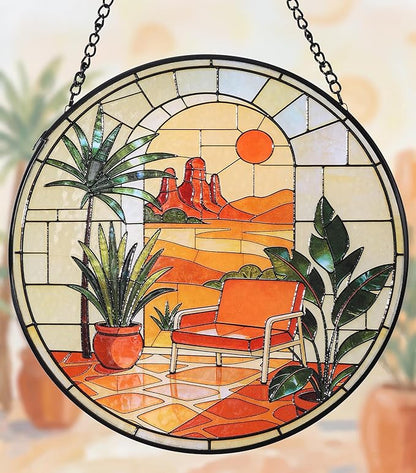 Hanging Stained Glass for Windows,20cm/7.87inch Desert Sunset Stained Glass Suncatcher with Chain Garden Diamond Glass Panel Hangings Decoration for Home Decor Gifts for Family Friends Colleagues