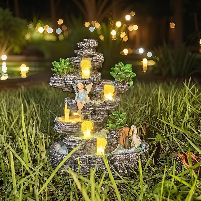 Fairy Garden Accessories Fairies Waterfall Solar Statues, 9" Waterproof Figurines Lights Outdoor House Decorations for Patio Lawn Porch Backyard, Gardening Birthday Gift for Women Kids Grandmom