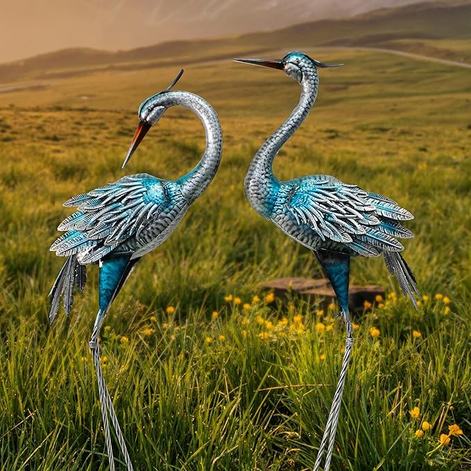 37-40Inch Outdoor Crane Garden Statues, Blue Heron Garden Statues, Large Metal Cranes for Yard, Lawn, Patio, Pond, Set of 2