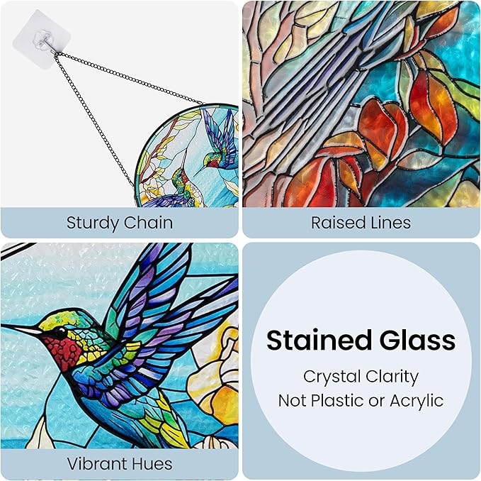 AELS Stained Glass 7.87" Round Suncatcher, Colorful Sun Catcher for Home Garden Window Decor, Window Hanging Ornament Gift for Friends and Family, Blue Feathered Hummingbird