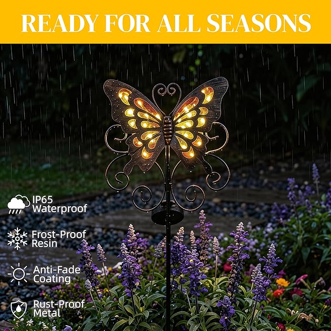 Butterfly Solar Lights for Outside, 36 inches Waterproof Metal Solar Pathway Lights, Large Solar Butterfly Lights Outdoor Garden Decor, Warm Amber LED Stake Lights Outdoor Yard