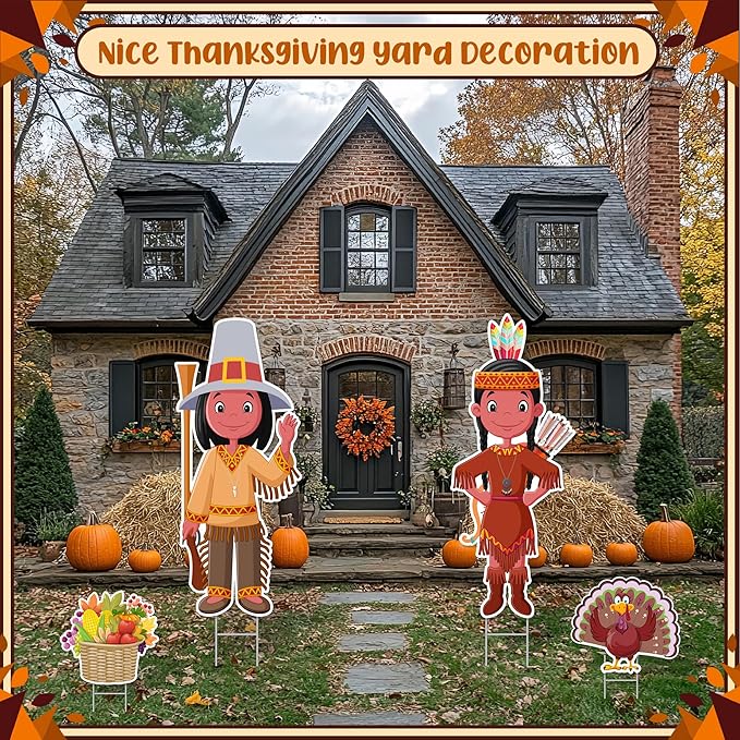 Thanksgiving Yard Signs with Stakes, Includes Pilgrim, Native American, Turkey,Cornucopia Fall Outdoor Decorations for Home Outdoor Yard Patio Lawn Decor, Garden Decorations