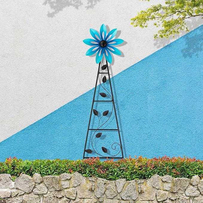 Glitzhome Wind Spinners Outdoor Windmill, 44 Inch Blue Metal Flower Wind Spinner Yard Stake with Hand Painted Glossy Finish, Outdoor Garden Lawn Patio Flowerbed Decor