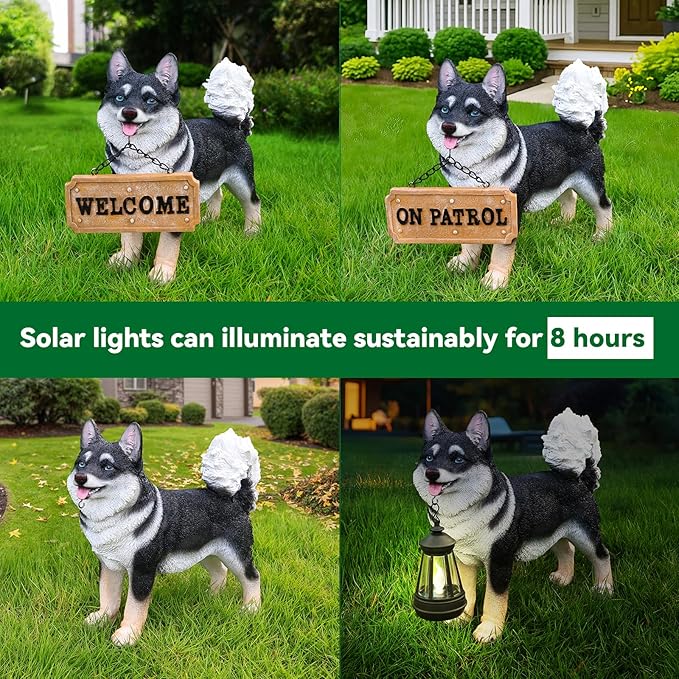 Solar Akita Garden Statue with Lantern & Double-Sided Sign - Outdoor Dog Decor for Yard, Patio, Porch - Resilient Resin Puppy Sculpture, Auto On/Off Solar Path Lights - Dog Memorial Gift