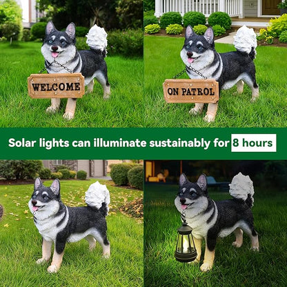 Solar Akita Garden Statue with Lantern & Double-Sided Sign - Outdoor Dog Decor for Yard, Patio, Porch - Resilient Resin Puppy Sculpture, Auto On/Off Solar Path Lights - Dog Memorial Gift