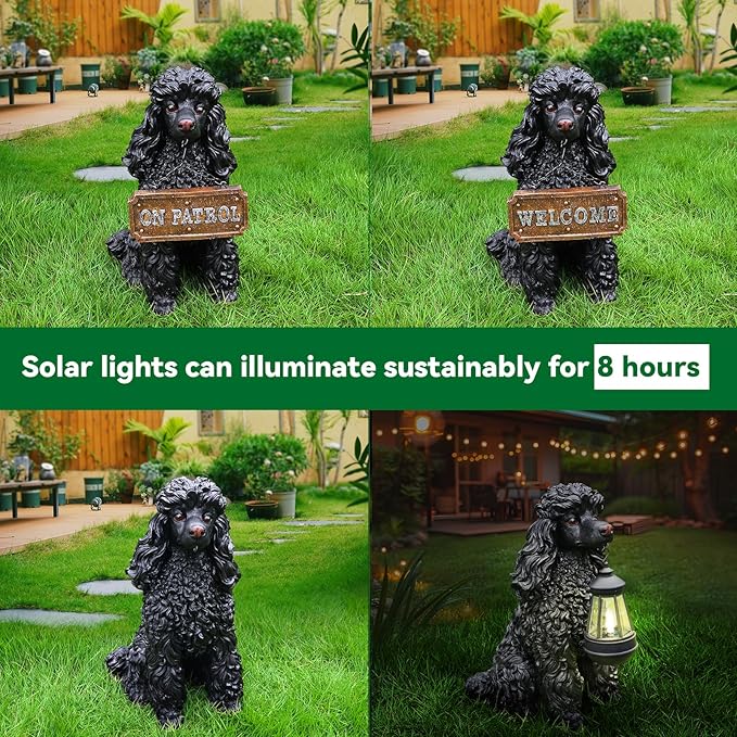 Black Poodle Garden Statue with Solar Lantern - 14.4" Large Dog Outdoor Decor with Double-Sided "Welcome/On Patrol" Sign, Waterproof Resin Puppy Figurine for Yard, Porch, Patio, Pet Memorial Gift