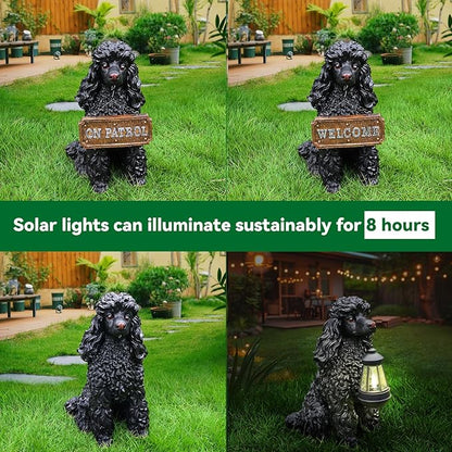 Black Poodle Garden Statue with Solar Lantern - 14.4" Large Dog Outdoor Decor with Double-Sided "Welcome/On Patrol" Sign, Waterproof Resin Puppy Figurine for Yard, Porch, Patio, Pet Memorial Gift