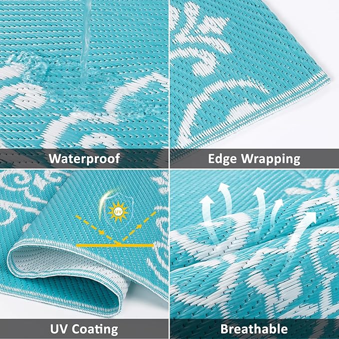 Pauwer Waterproof Outdoor Rug 5x8, Reversible Plastic Straw Patio Camping Rug, Indoor Outdoor RV Mat Carpet for Deck, Camper, Porch, Balcony, Backyard, Picnic, Floral Teal