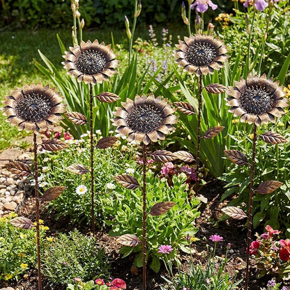 AceOrbit 5 Pcs Rusty Garden Stakes for Outside 11.8" Metal Art Decor Bed Decor Weatherproof 3D Rusty Plant Pick for Farmhouse Outdoor Yard Lawn Patio Walkway Pathway Decoration (Sunflower)