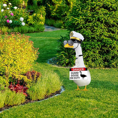 CAMDUCK 4 Pcs Porch Goose Accessories Porch Geese Sign Goose Navy Hat Eyeglasses Necktie Wooden Danger Guard Goose on Duty Warning Sign Geese Outfits Decor for Yard Porch Lawn