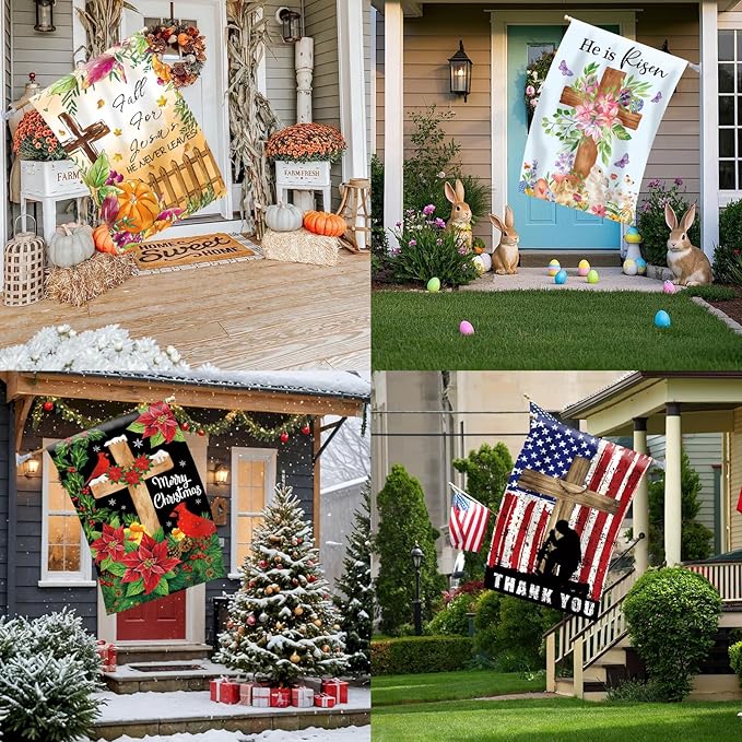 Christian Seasonal Garden Flags Set of 12 Double Sided 28 x 40 Inch Cross Yard Flags, Large Flags for Outside, Fall Winter Easter Christmas Outdoor Flags, Holiday House Flags for All Seasons