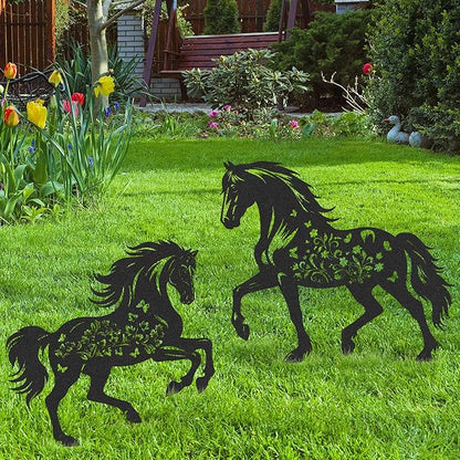 Horse Garden Stakes Decorations - 2 Pcs Metal Cool Animals Lovers Statues Decors Sets for Yard Outdoor Black Silhouette Gifts Lawn Figurines Ornaments Flowers Patio Signs Animals Sculptures