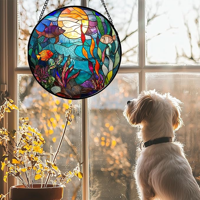 Stained Glass Window Hanging - Blue Ocean World Small Fish Coral Sun Catcher for Door Garden Home Decor Sea Suncatcher Christmas Mother's Day Birthday Gifts for Women Men Mom Nana 11.8 in
