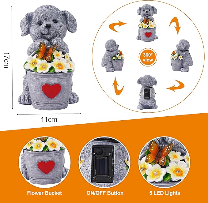 OTAVILEM Solar Garden Decor Dog Statue,Outdoor Dog Figurines with Bucket for Patio, Balcony, Backyard,Lawn Ornaments and Yard Decorations - Unique Gifts for Women, Mom,Grandma
