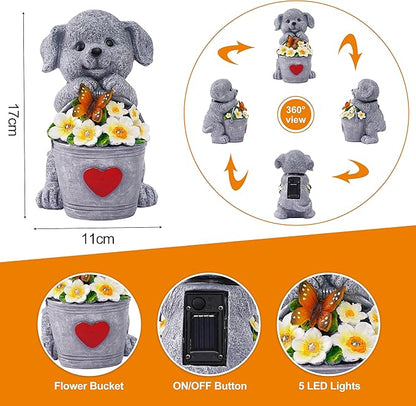 OTAVILEM Solar Garden Decor Dog Statue,Outdoor Dog Figurines with Bucket for Patio, Balcony, Backyard,Lawn Ornaments and Yard Decorations - Unique Gifts for Women, Mom,Grandma