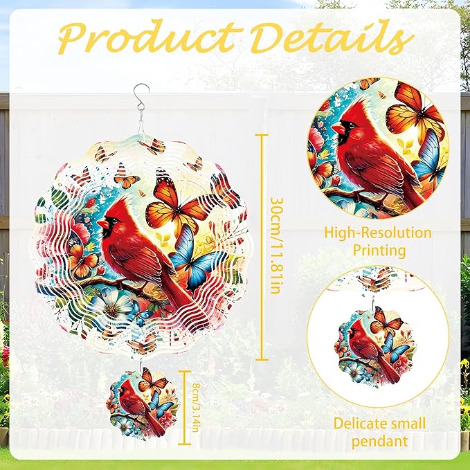 Cardinal Wind Spinner Outdoor, Bird Decor Gift for Men Women, Hanging Metal Wind Catcher with 3" Center Pendant, 12" 3D Stainless Steel Kinetic Art for Garden Yard