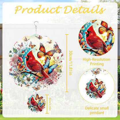 Cardinal Wind Spinner Outdoor, Bird Decor Gift for Men Women, Hanging Metal Wind Catcher with 3" Center Pendant, 12" 3D Stainless Steel Kinetic Art for Garden Yard