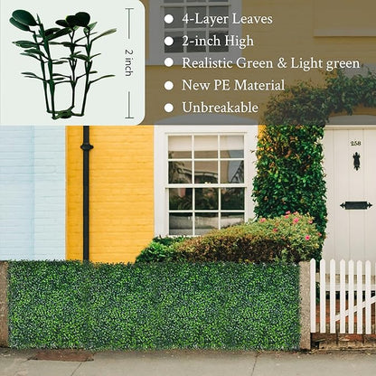 Artificial Grass Wall Panel,10"x 10"(24P) 4-Layer Leaf UV-Anti Greenery Faux Boxwood for Indoor,Outdoor Patio Balcony Privacy & Ivy Fence Covering Privacy, Garden, Backyard Wall Backdrop Decor
