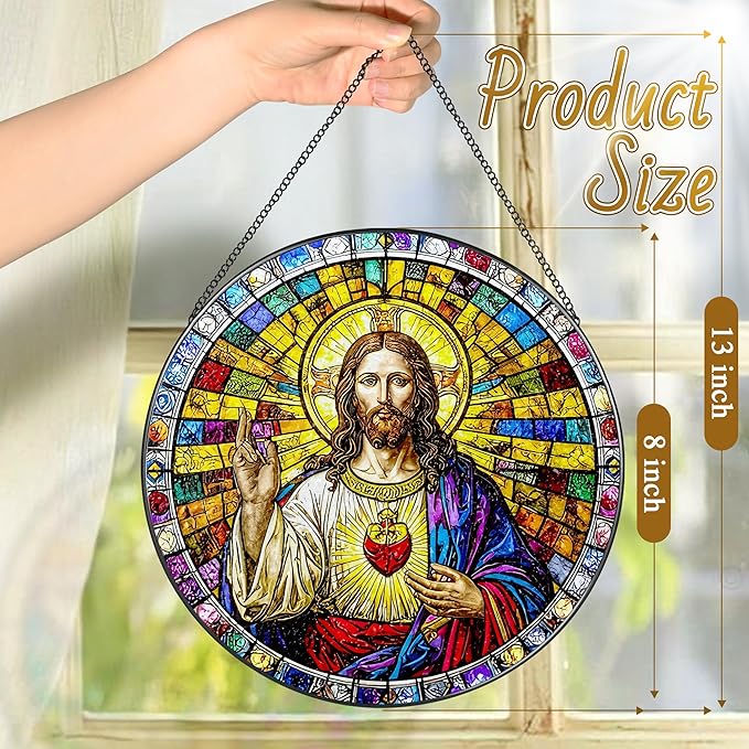 8'' Sacred Heart of Jesus Stained Glass Suncatcher, Stained Glass Window Hanging, Religious Ornament, Christian Home Decor, Gifts for Christmas, Christian Gift, Religious Gift