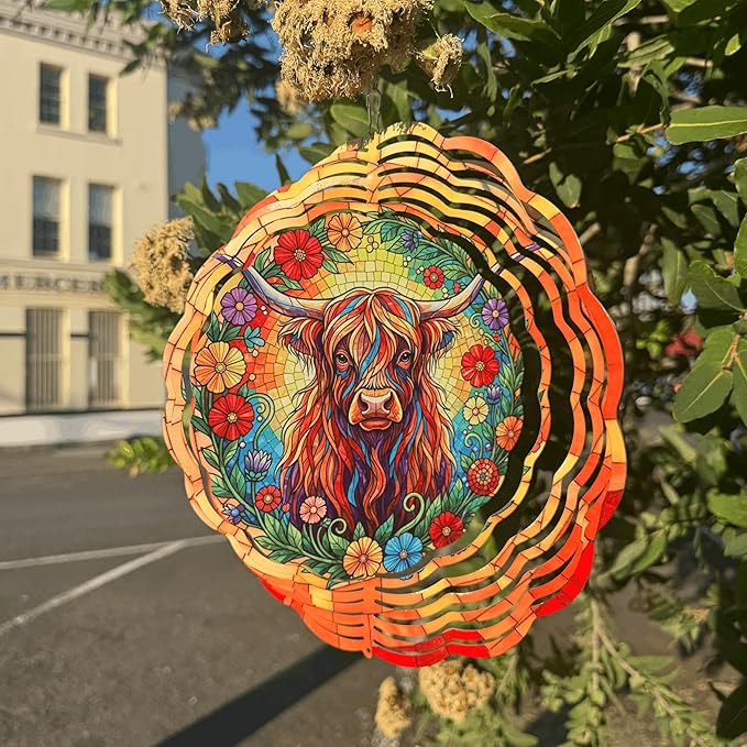 Highland Cow Wind Spinner, 3D Hanging Stainless Steel Garden Spinner, Wind Spinner Hanging for Outdoor & Indoor Décor, Unique Gifts for Yard Garden Decoration or Patio Décor (Highland Cow)