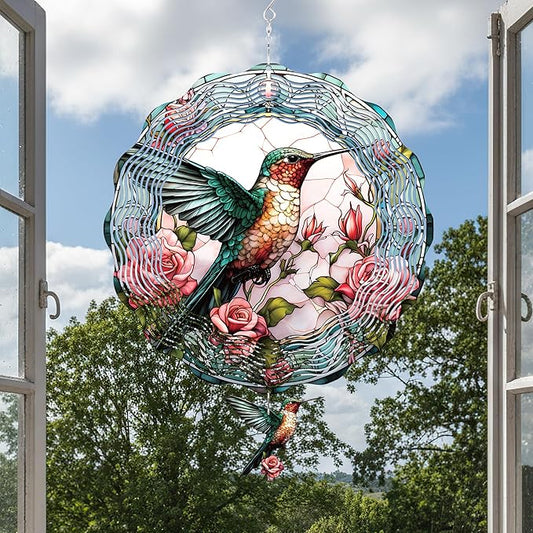 Hummingbird Hanging Wind Spinner - 3D Birds Metal Spinning Decor for Outdoor Garden Indoor Window Balcony 12 Inch Yard Art Ornaments Women Gifts for Mom Wife Grandma Christmas Decoration