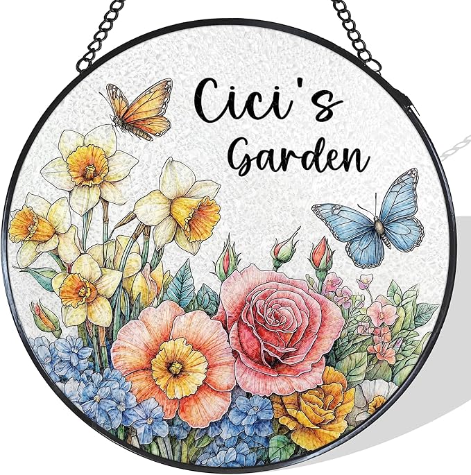 Cici's Garden Gifts Stained Glass Suncatcher for Her, Cici Gifts for Women Window Hanging Wall Art Decoration for Mothers Day Christmas Birthday, 7.8 x 7.8 in